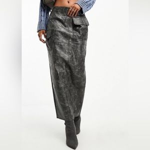 ASO DESIGN faux leather utility midi skirt in washed black